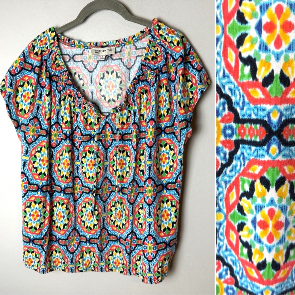 Jones New York Top Size Xl Short Cap Sleeves Tie Front Cotton Colorful Casual